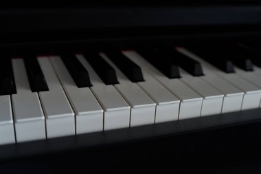 Piyano klavyesini kapat. Seçici odak ve alanın sığ derinliği.                               