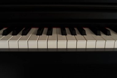 Piyano klavyesini kapat. Seçici odak ve alanın sığ derinliği.                               