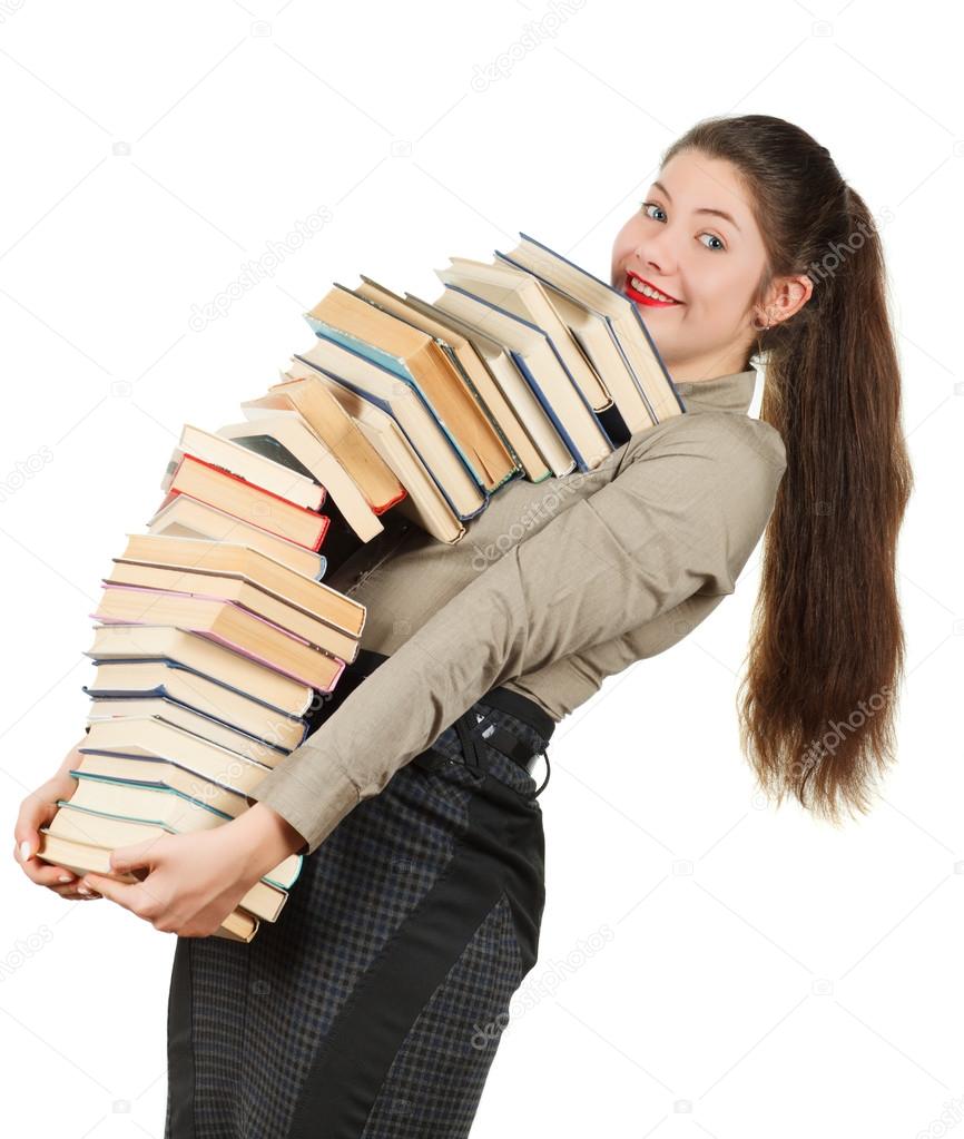 Girl with books isolated on white background.