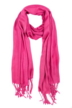 Yün, İpek eşarp. Beyaz arka plan üzerinde izole pembe eşarp.