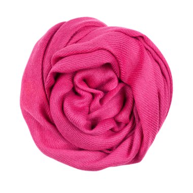 Yün, İpek eşarp. Beyaz arka plan üzerinde izole pembe eşarp.