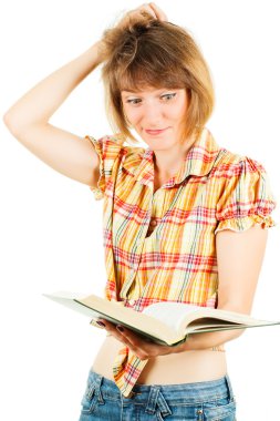 Beyaz arka plan üzerinde izole kitap ile kız
