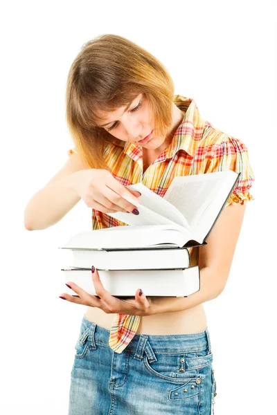 Girl with books isolated on white background — Stock Photo, Image