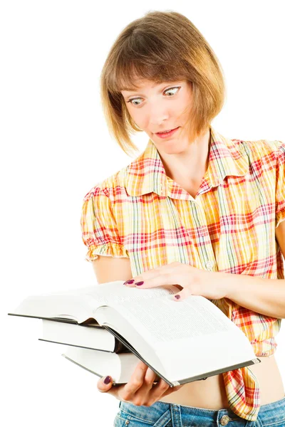 Girl with books isolated on white background — Stock Photo, Image