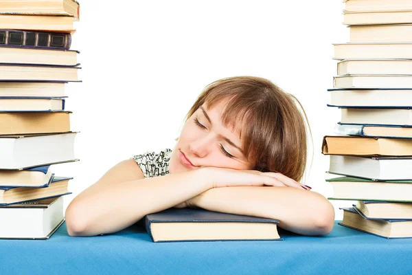 Girl with books isolated on white background. In the library — Stock Photo, Image