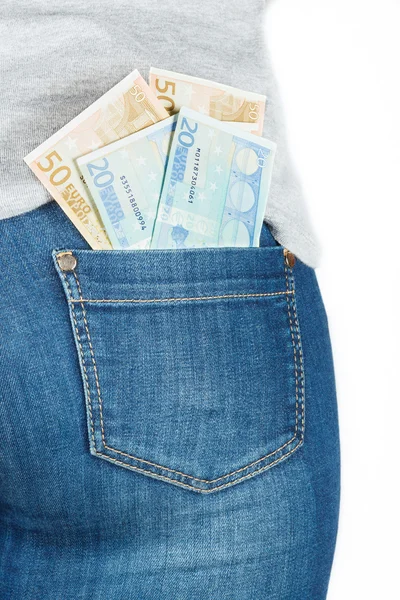 Euro. Papier monnaie dans la poche de jeans . — Photo