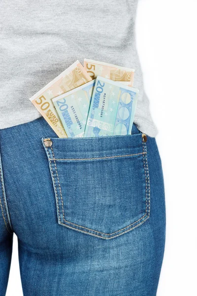 Euro. Papier monnaie dans la poche de jeans . — Photo