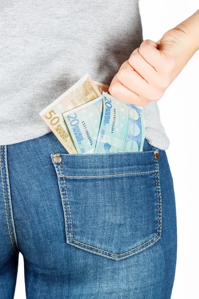 Euro. Papier monnaie dans la poche de jeans . — Photo