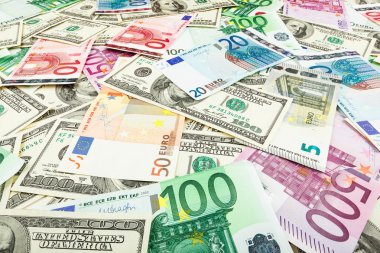  kağıt para euro ve dolar. Kağıt arka plan