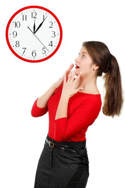 Emotions of girl , who looks at the clock — Stock Photo, Image