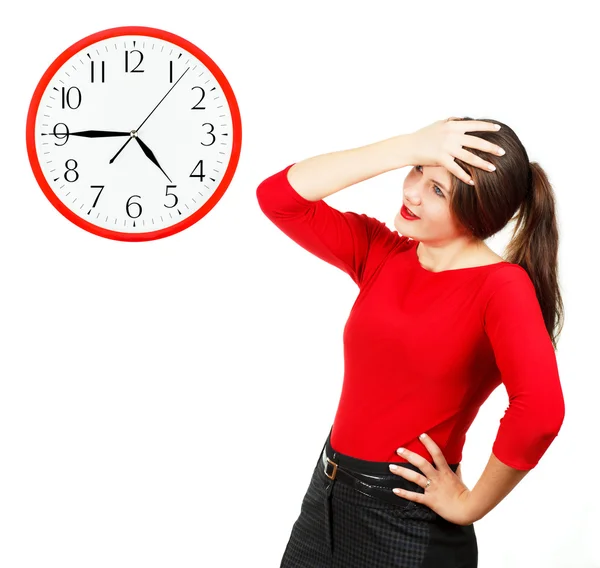 Emotions of girl , who looks at the clock — Stock Photo, Image