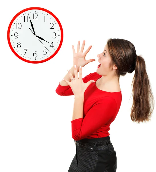 Emotions of girl , who looks at the clock — Stock Photo, Image