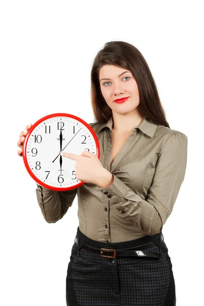 Emotions of girl , who looks at the clock — Stock Photo, Image