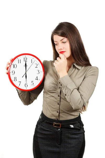 Emotions of girl , who looks at the clock — Stock Photo, Image