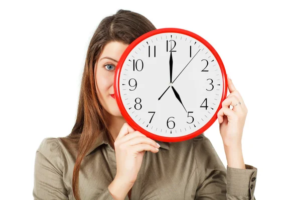 Emotions of girl , who looks at the clock — Stock Photo, Image