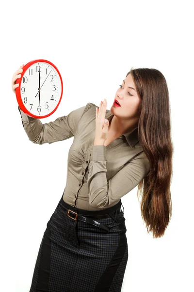 Emotions of girl , who looks at the clock — Stock Photo, Image