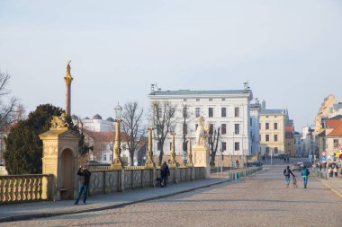 Shwerin, Almanya 4 Şubat 2025: Tarihsel köprü, arka planda sergilenen mimaride güzel şehir manzaralı heykeller barındırıyor.
