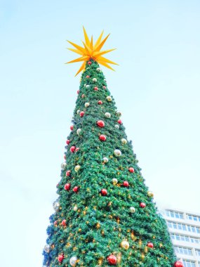 Berlin, Almanya - 01 Ocak 2024: Canlı süslerle süslenmiş uzun Noel ağacı ve tepesinde parlayan bir yıldız.