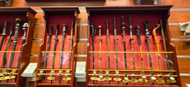 Berlin, Almanya - 13 Haziran 2025: Dekoratif asalar her bir değnek için etiketli ahşap bir vitrinde sergilenir.