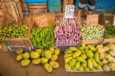 Colombo, Sri Lanka. 02.03.2023 Sri Lanka 'nın başkentindeki merkez markette çeşitli sebze, meyve, tahıl ve kurutulmuş balık çeşitleri