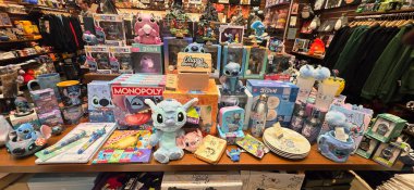 Berlin, Germany - June 13, 2025: Colorful assortment of Stitch-themed products showcased in a lively retail environment.