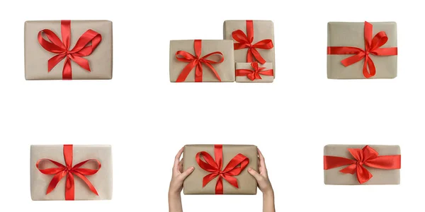 赤いリボンのギフトボックスのセット 白い背景に隔離された休日プレゼント — ストック写真