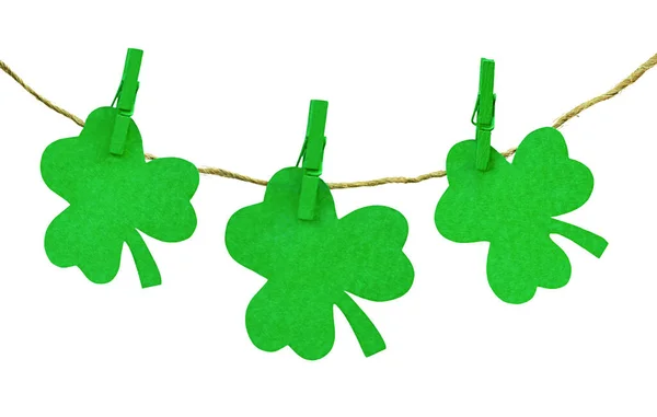 Patrick Day Theme Decorations Green Clovers Clothespins Isolated White Backgroun — Stock Photo, Image