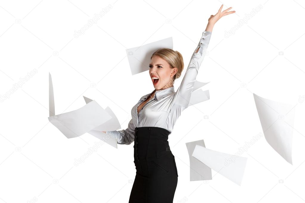 Woman throwing paper pages