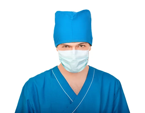 Medic in masker kijkt bierkratten in de camera Rechtenvrije Stockafbeeldingen
