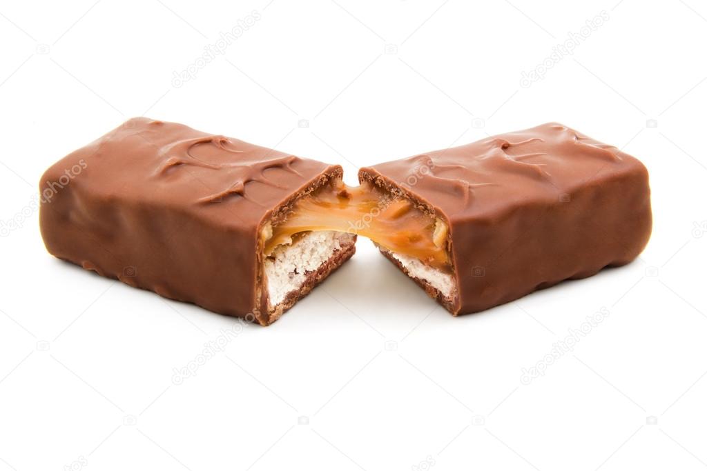 Two cut halves of chocolate bar isolated on white