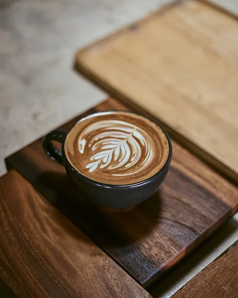 Hot Latte Art Coffee Wooden Table Focus White Foam — Stock Photo, Image