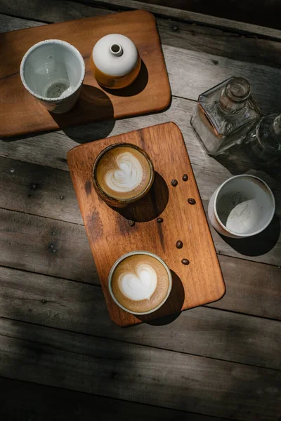 Selective Focus Cup Hot Latte Art Coffee Wooden Table Focus — Stock Photo, Image