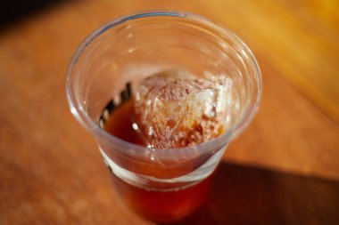 iced black coffee (iced americano) on the wooden table