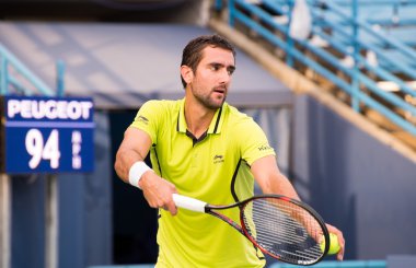 Mason, Ohio - 15 Ağustos 2016: Marin Cilic 15 Ağustos 2016'da Mason, Ohio'daki Western and Southern Open'da ilk tur maçında. 
