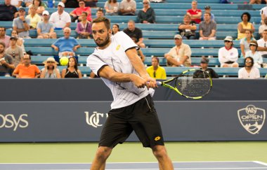 Mason, Ohio - 15 Ağustos 2016: Victor Troicki 15 Ağustos 2016'da Mason, Ohio'daki Western and Southern Open'da ilk tur maçında. 