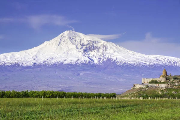 Mosteiro Khor Virap Frente Monte Ararat Visto Erevan Armênia Este — Fotografia de Stock