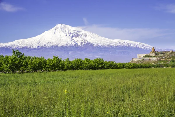 Mosteiro Khor Virap Frente Monte Ararat Visto Erevan Armênia Este — Fotografia de Stock