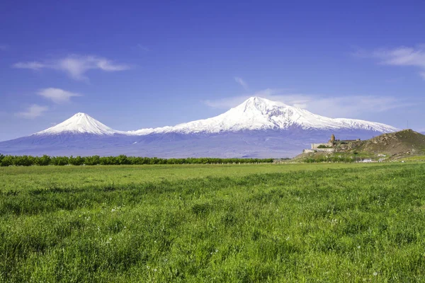 Mosteiro Khor Virap Frente Monte Ararat Visto Erevan Armênia Este — Fotografia de Stock