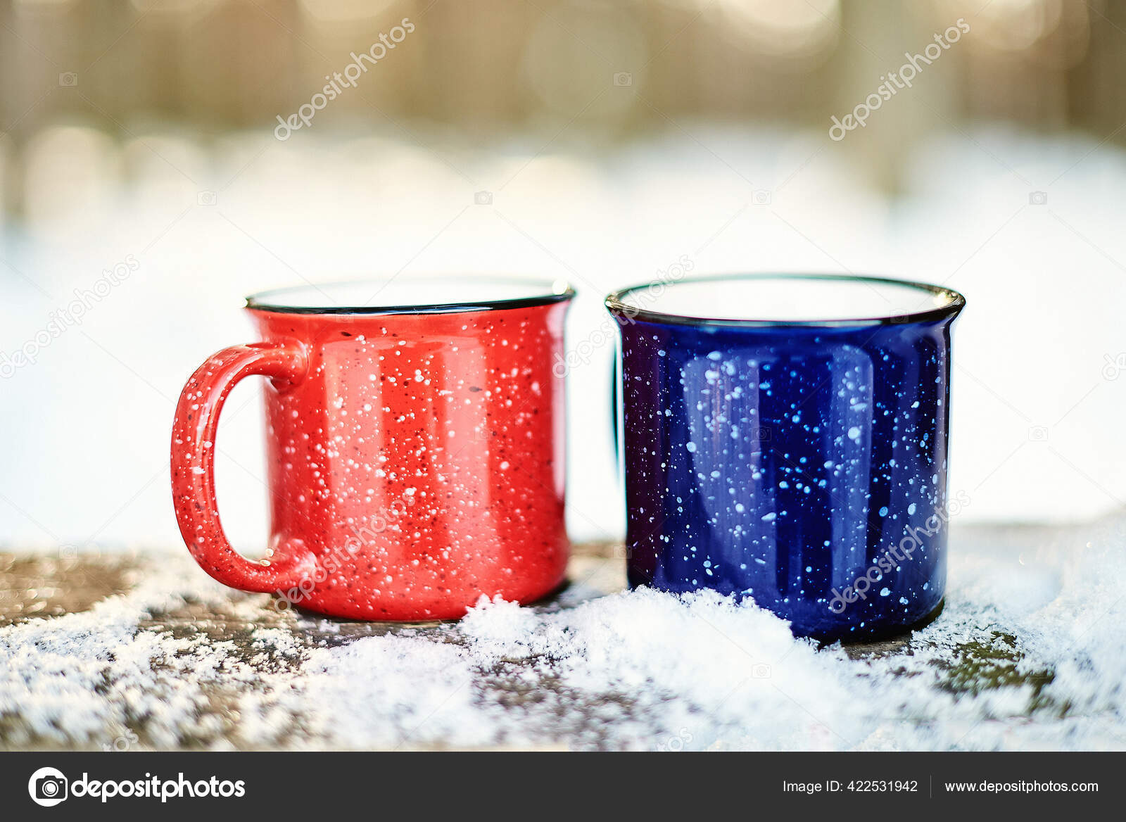 Bright Red Blue Mugs Hot Drinks Snow Background Text Space Stock Photo by  ©strike0 422531942