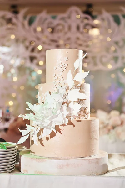 Розовый Красивый Свадебный Торт Фоне Вечерней Свадебной Арки — стоковое фото