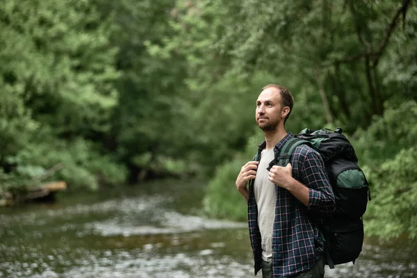 Hiker Large Hiking Backpack Standing Bank River Enjoying Nature Concept — Stock Photo, Image