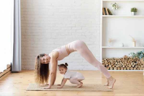 Young Woman Light Pink Outfitt Practice Yoga Downward Facing Dog — Stock Photo, Image