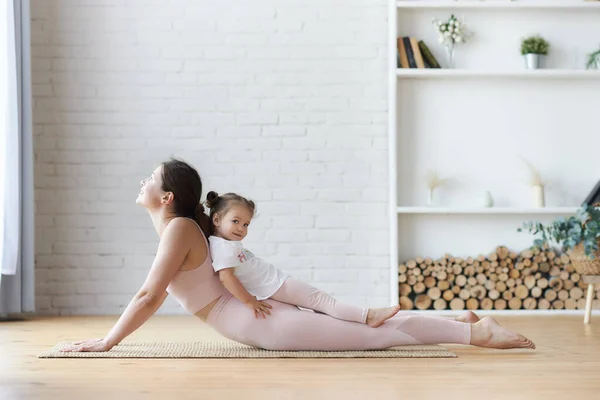 Side View Young Woman Practicing Yoga Lying Cobra Pose Doing — Stock Photo, Image