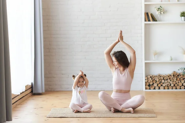 Family Mother Child Daughter Engaged Fitness Yoga Exercise Home Smiling Royalty Free Stock Images