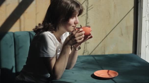 明るい若い女性がカフェの窓の前でコーヒーを飲んでいて、手で口を覆って笑っている。サイドビュー。閉鎖 — ストック動画
