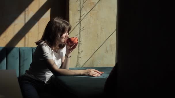 Um tiro geral de uma jovem pacífica que bebe café pela janela de um café e fecha os olhos desfruta do sabor e aroma. Vista lateral — Vídeo de Stock