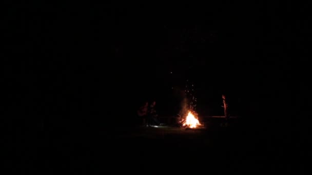 在夏令营里，年轻人坐在篝火边弹奏吉他和唱歌。总体计划 — 图库视频影像
