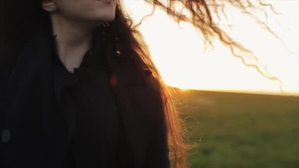 Красива молода жінка стоїть на зеленому лузі і грає з довгим волоссям на тлі заходу сонця. Повільний рух — стокове відео