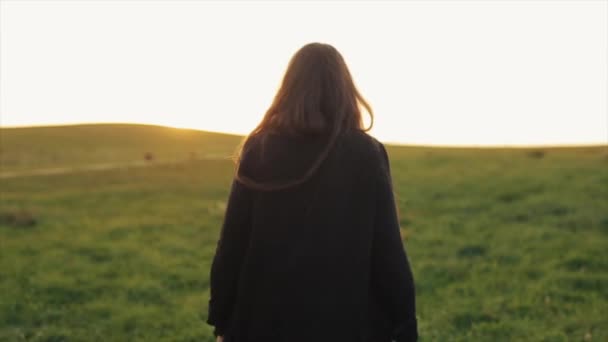 Ein junges langhaariges Mädchen in schwarzen langen Kleidern geht vor dem Hintergrund eines Sonnenuntergangs über eine grüne Wiese. Blick von hinten. Zeitlupe — Stockvideo