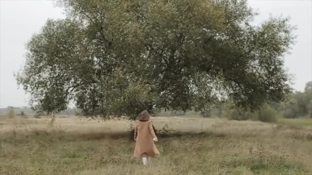 Een enthousiaste jonge vrouw in een open jas en bril rent over het veld en wervelt met haar handen omhoog — Stockvideo